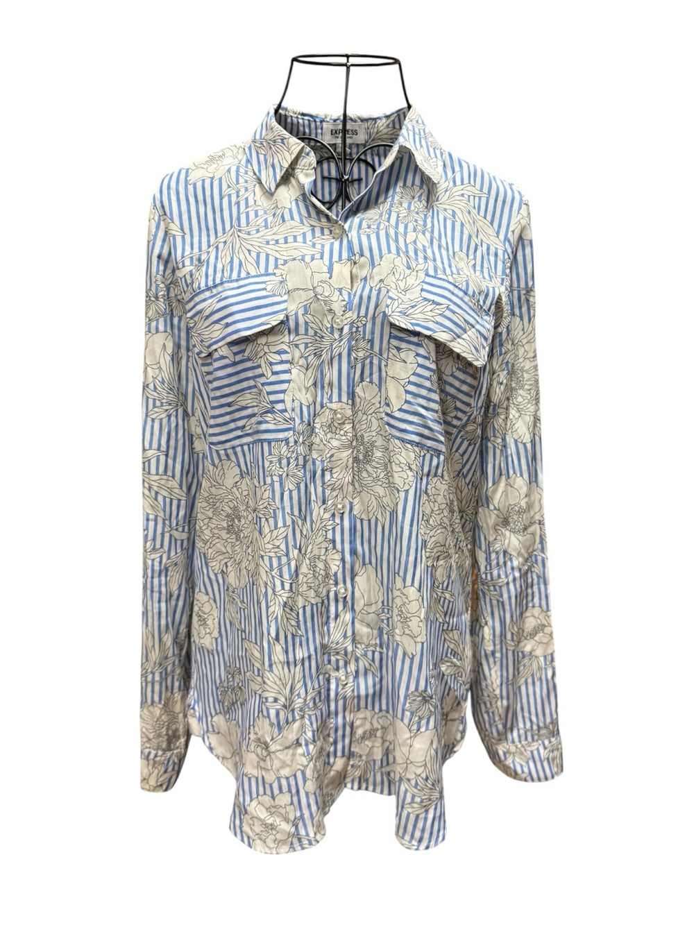 Express Blue & Cream Floral Stripe Button-Down Shirt size SP